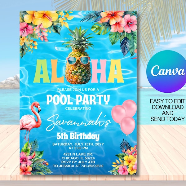 Bearbeitbare Aloha Pool-Party-Einladung, Hawaiianische Pool-Party-Einladung Vorlage, Canva