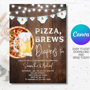 Editable Pizza, Brews & Diapers, too, Diaper Baby Shower invitation template, Coed Baby Shower invitation, Canva