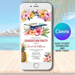 Electronic Graduation Party Invitation Template for any smartphone, Editable Hawaiian Graduation Celebration invite Template, Canva