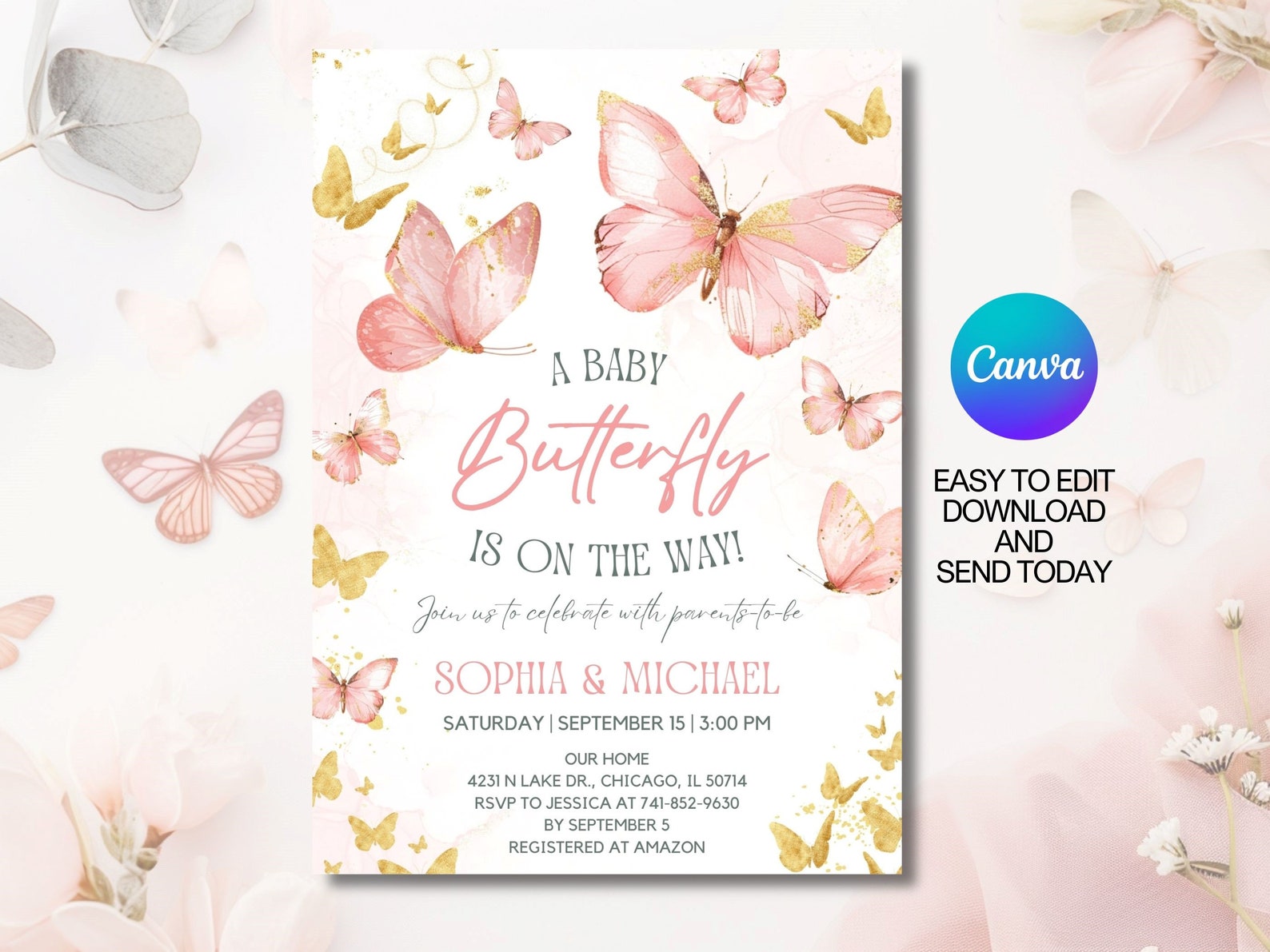 Editable Butterfly Baby Shower Invitation, Invitation Template With ...