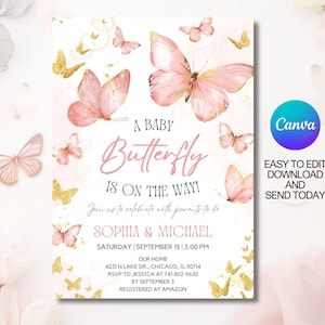 Editable Butterfly Baby Shower Invitation, Invitation template with pink and gold butterflies, Printable, Canva