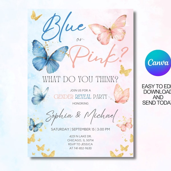 Blue or Pink what do you think, Editable Gender Reveal Party Invitation template with butterflies, Baby Shower invite, Printable, Canva