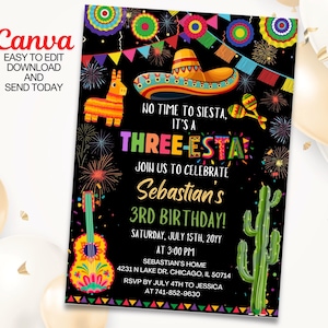 Verjaardagsuitnodiging voor drie personen: Mexican Fiesta, Papel Picado (canvasjabloon)