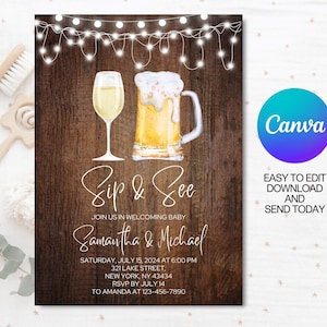 Modello modificabile di invito Sip and See, invito Baby Shower, benvenuto al bambino, stampabile, Canva