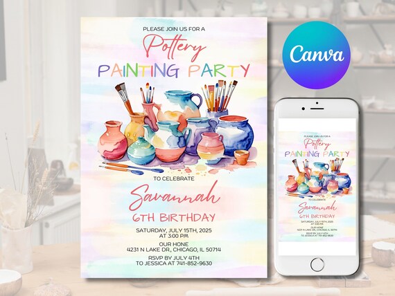Pottery Painting Party Invitation: Editable Birthday Invite (Canva)