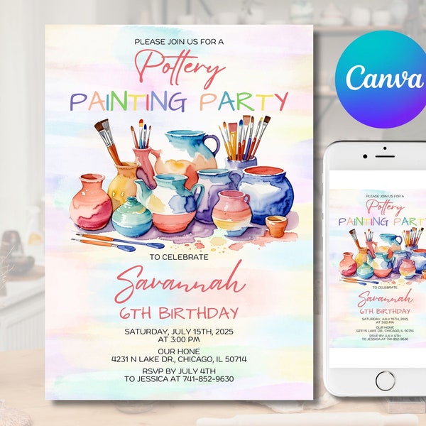 Editable Pottery Painting Party Invitation, Painting Party Birthday Invite, Art Party Birthday Invite, Printable, Canva