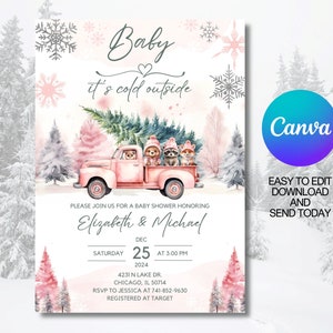 Editable pink Baby its cold outside Baby Shower invitation, Winter Invitation template with Forest Animals, Printable, Canva