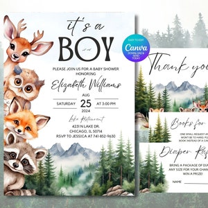 Editable It&#39;s a BOY Baby Shower Invitation Set, Invitation template with Forest Animals, Printable, Canva