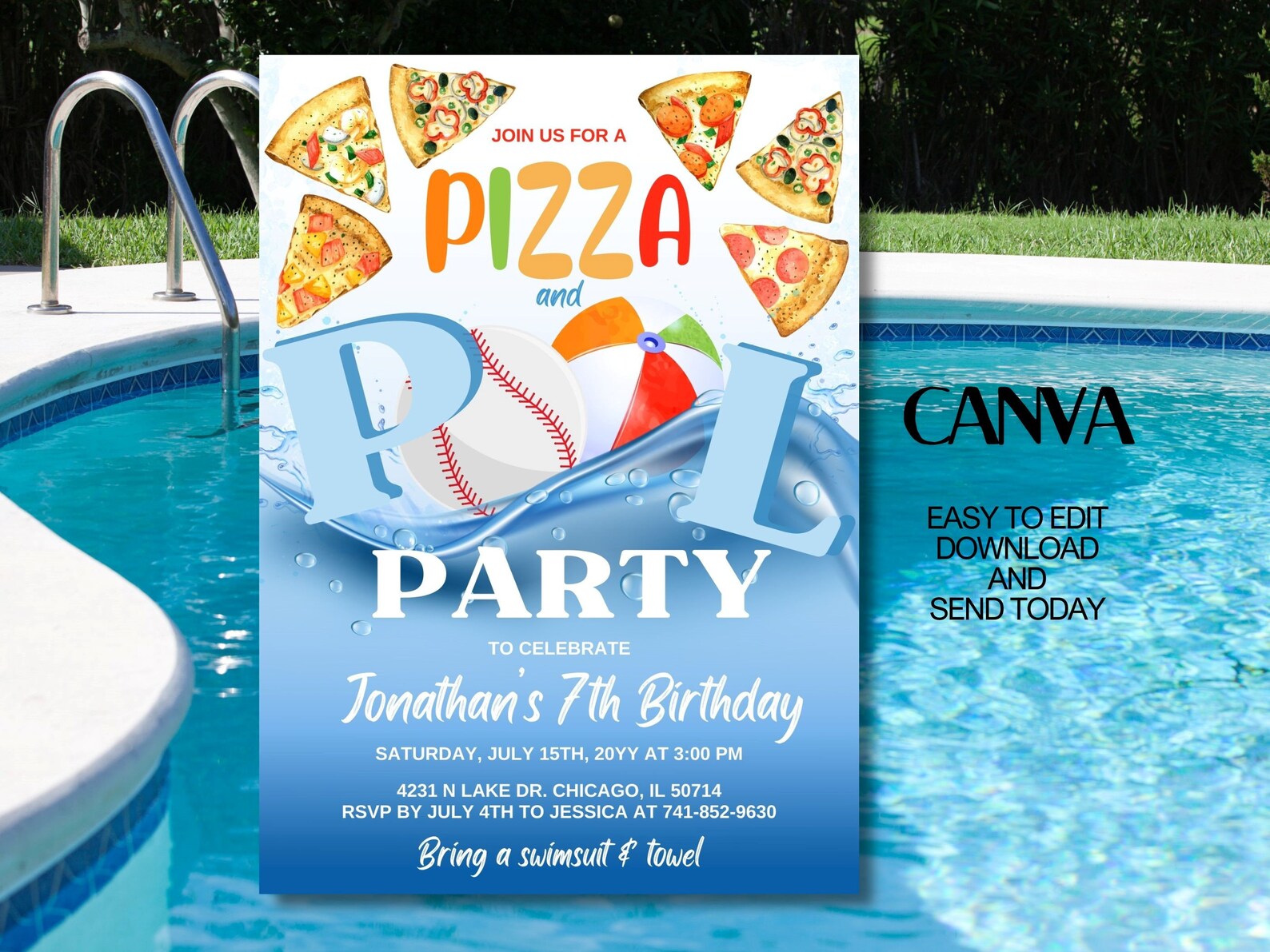 Editable Pizza and Pool Party Birthday Invitation, Pizza Pool Party ...