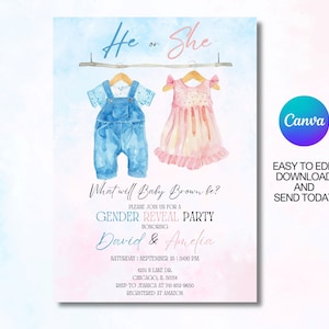 Bearbeitbare Gender Reveal Party Einladung Vorlage mit Babykleidung, Er oder Sie was wird baby sein, Babyparty einladen, Printable, Canva
