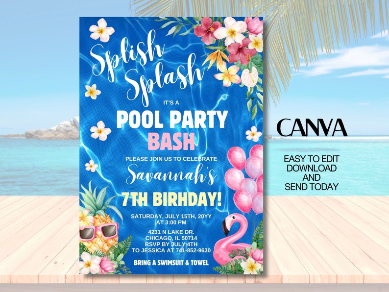 Editable Aloha Pool Party Birthday Invitation, Hawaiian Pool Party Editable Aloha Pool Party Birthday Invitation, Hawaiian Pool Party