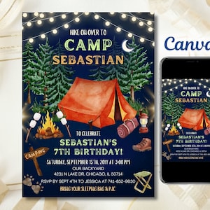 Bearbeitbare Camping Geburtstagseinladung, Adventure Forest Camp Geburtstagseinladungsvorlage, Camper Geburtstagseinladung, Printable, Canva