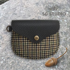 Cartera moderna para mujer, cartera de tweed y piel con solapa, cartera minimalista, cartera fina para mujer, cartera personalizada, regalo personalizado para ella
