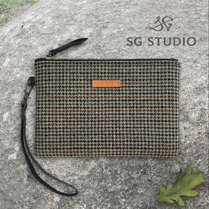 Bolso de tweed y cuero, cartera con cremallera, organizador de maquillaje, funda para teléfono, porta pasaporte, regalo personalizado para ella, billetera de pulsera personalizada