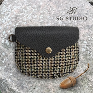 Monedero bonito para mujer, monedero de tweed y piel con solapa, monedero minimalista, monedero fino para mujer, monedero personalizado, regalo personalizado para ella