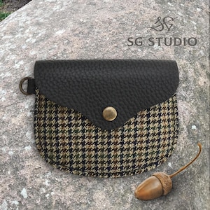 Cartera pequeña con solapa, cartera minimalista de tweed y cuero para mujer, monedero, cartera fina para mujer, cartera personalizada, regalo personalizado para ella