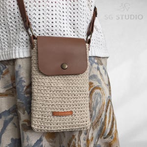 Small Crossbody Bag, Crochet Shoulder Bag with Leather Flap, Cute Crochet Phone Bag, Handmade Gift, Custom Knitting Bag, Gift for Her
