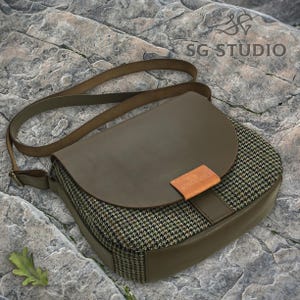 Sac à bandoulière cadeau fait main, sac à bandoulière en tweed et cuir, joli sac messager parfait pour les femmes et les femmes, cadeau pour elle, sacoche personnalisée