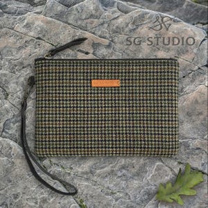 Regalo personalizado, bolso de tweed y cuero, cartera de mano, cartera de mano con cremallera, funda para teléfono, funda para pasaporte, neceser personalizado, regalo para ella
