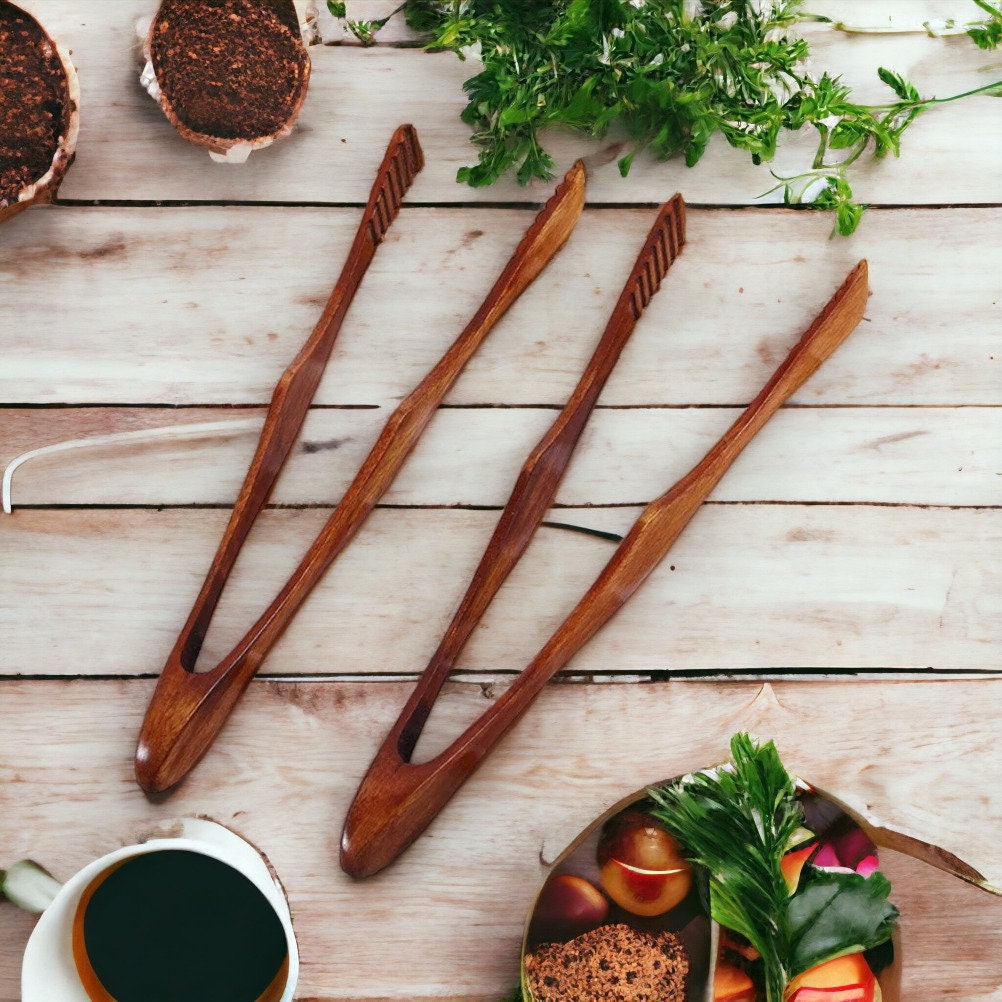 Dan&Co Pince de cuisine en bois de bambou | Pince de service et de cuisson  premium et respectueuse de l'environnement, anti-adhésive, frits, barbecue
