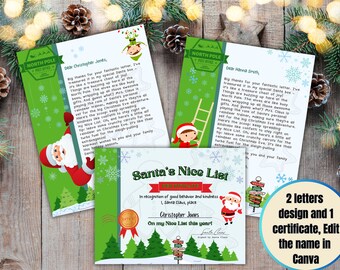 May include: Two printable letters from Santa Claus to children, featuring a green and red colour scheme, and a certificate that reads "Santa's Nice List" in red and gold lettering. The certificate has a red seal and a green Christmas tree design. The letters and certificate are designed to be personalised with a child's name.
