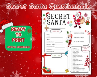May include: A printable Secret Santa questionnaire with a festive red and green colour scheme. The questionnaire includes sections for "About You", "Something I Need", "Something I Want", and "My Ultimate Gift". There is also a "Wish List" section and a checklist of interests.