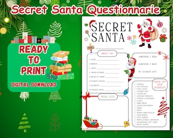 May include: A printable Secret Santa questionnaire with a festive Christmas theme. The questionnaire includes sections for "About You", "Something I Need", "Something I Want", and "My Ultimate Gift". It also includes a "Wish List" section with a checklist of potential gift ideas.