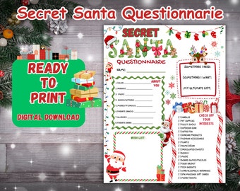May include: Printable Secret Santa questionnaire with a festive Christmas theme. The questionnaire includes sections for name, color, hobbies, books, favorite shows, favorite snacks, favorite drinks, something you need, something you want, your ultimate gift, and a wish list. There is also a section to check off your interests.