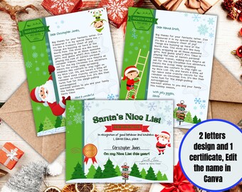 May include: Two printable letters from Santa Claus to a child, with a green, white, and red colour scheme. The letters are addressed to Christopher Jones and Hanna Smith. A certificate with a green, white, and red colour scheme, with the text "Santa's Nice List" and "Christopher Jones" is also included. The certificate is a printable document.