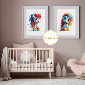 Juego de 2 carteles de unicornio para la habitación de los niños, ilustraciones de unicornios, cuadros de pared, producto digital para descargar
