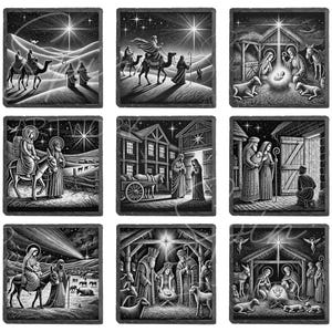 Puede incluir: Una colección de nueve ilustraciones en blanco y negro que representan escenas de la Natividad. Cada imagen presenta dibujos detallados de figuras bíblicas, animales y paisajes, con un enfoque en el nacimiento de Jesús.