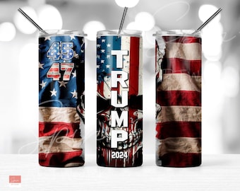 Trump 2024 45 47 Patriottico American Flag Skull PNG, 20 oz Skinny Tumbler Design a sublimazione, Download digitale PNG