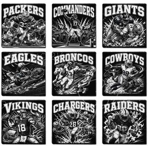 May include: Nine monochrome illustrations of NFL football teams. Each image shows a team name and a player in action. Teams include Packers, Commanders, Giants, Eagles, Broncos, Cowboys, Vikings, Chargers, and Raiders.