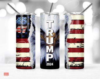 Trump 2024 45 47 Bandiera americana patriottica Aquila PNG, 20 oz Skinny Tumbler Design a sublimazione, Download digitale PNG