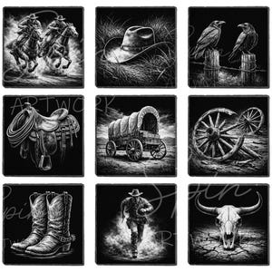 May include: Nine black and white square prints featuring Western-themed illustrations. Images include cowboys on horseback, a cowboy hat in tall grass, two crows on fence posts, a saddle, a covered wagon, wagon wheels, cowboy boots, a cowboy running, and a bull skull.