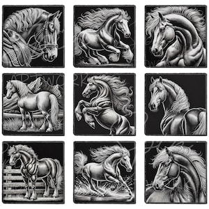May include: Nine black and white square coasters featuring detailed illustrations of horses in various poses. The images include horses with saddles, rearing up, and standing in fields. The artwork is highly detailed and artistic.
