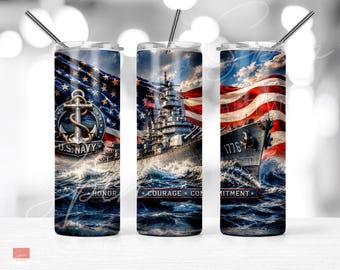 May include: Three stainless steel tumblers with straws feature a patriotic design. Each tumbler displays a U.S. Navy emblem, a battleship, and an American flag. The words "Honor, Courage, Commitment" are printed at the bottom of each tumbler.
