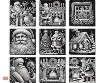 Op de afbeelding: Een verzameling van negen zwart-wit kerstillustraties. De afbeeldingen tonen de kerstman, rendieren, versierde kerstbomen, gezellige open haarden en een besneeuwd huis. De illustraties zijn gedetailleerd en feestelijk.