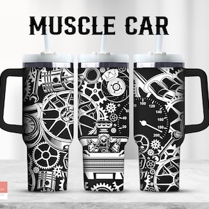 May include: Black and white tumbler with a muscle car design. The design features gears, pistons, and a speedometer. The tumbler has a handle and a straw.