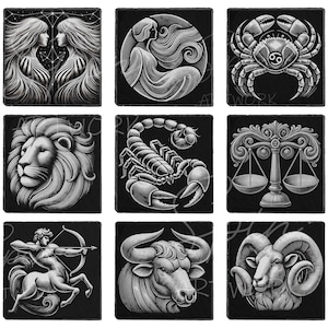 Può includere: Nove sottobicchieri quadrati neri con illustrazioni bianche dei segni zodiacali. I sottobicchieri presentano disegni dettagliati di gemelli Gemelli, un granchio, un leone, uno scorpione, una bilancia, un centauro, un toro e un ariete.