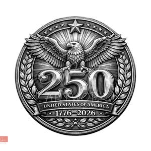 Puede incluir: Ilustración en blanco y negro de una moneda conmemorativa. Presenta un águila majestuosa con las alas extendidas, el número "250" y el texto "UNITED STATES OF AMERICA 1776-2026". El diseño incluye estrellas, ramas de laurel y una cinta.