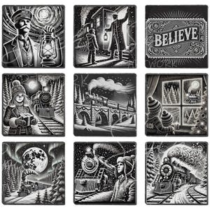 Puede incluir: Una colección de nueve ilustraciones cuadradas en blanco y negro con temática de vacaciones de invierno. Las imágenes representan trenes, personas y el texto "Believe". Las ilustraciones tienen un estilo vintage, de cuento.