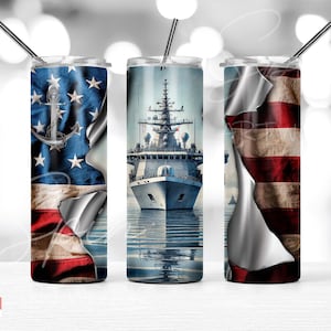 Navy Ship Patriotic American Flag PNG, 20 oz Skinny Tumbler Sublimation Design, Digital Download PNG