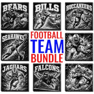 May include: A digital collection of eight square black and white illustrations featuring American football players in action, labeled with team names including Bears, Bills, Buccaneers, Seahawks, Jaguars, and Falcons, with the text FOOTBALL TEAM BUNDLE.
