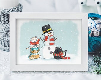 Winter Illustration Print - Snowman and Cats print - 5 x 7