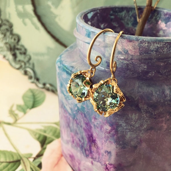 24K Gold Vintage Crystal Floral Earrings, Handcrafted handmade