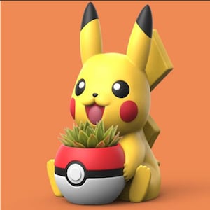 Könnte beinhalten: Gelber Pikachu Pokemon-Pflanztopf, der einen roten und weißen Pokeball mit einer grünen Sukkulente hält.