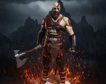 Estátua de Kratos pintada à mão, God of War, 37 cm, com lâminas de machado, ideal para fãs de jogos.