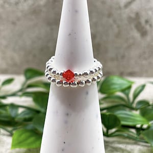 July Birthstone Ring Set, Sterling Silver Ruby Red Crystal Beaded Stretch Stacking Rings, Dainty Jewellery