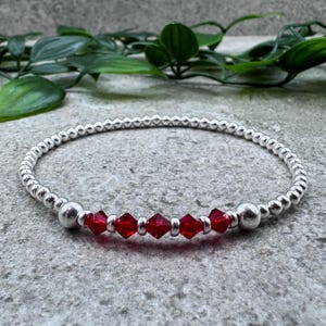 July Birthstone Bracelet, Sterling Silver Ruby Red Crystal Bead Stretch Stacking Bracelet, Birthday Jewellery Gift For Sister